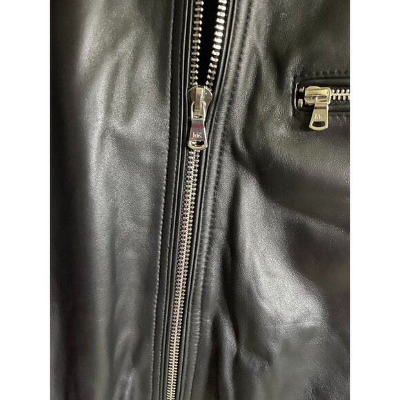 Michael Kors Mens L Black Leather Jacket Coat #121545 Zip Adjustable Cuffs & Hem - Picture 3 of 7